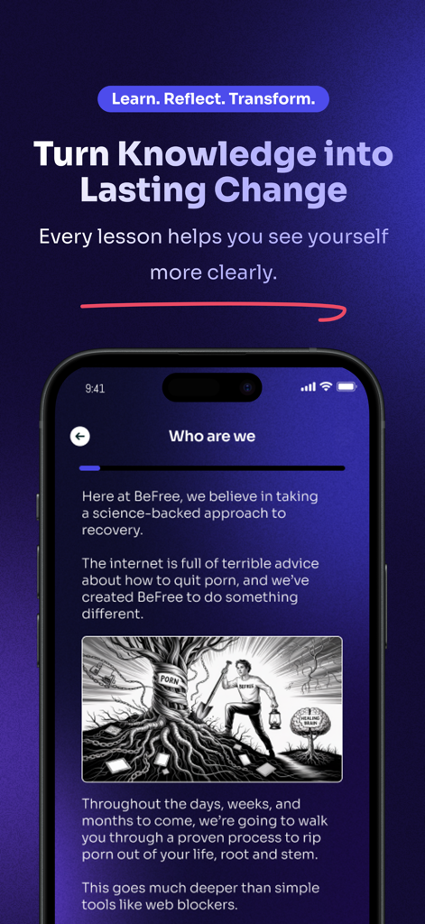 Quit Porn Now BeFree - Educational lesson screen in the BeFree app showing an illustration about recovery and healing the brain