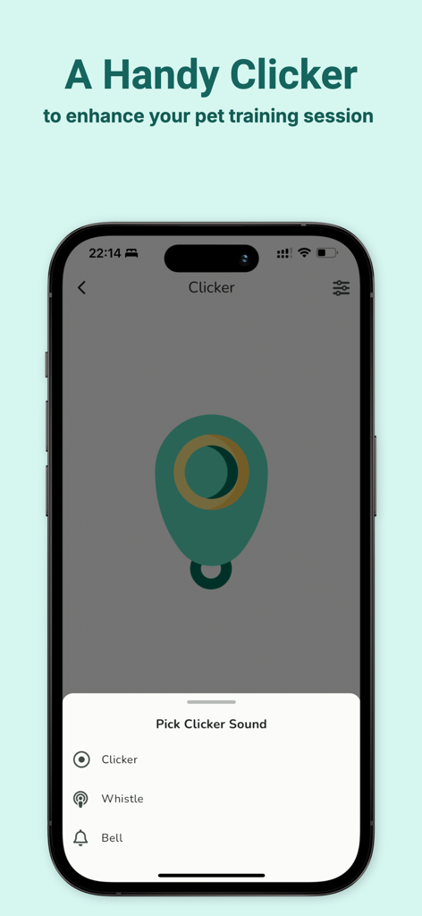 Furry Friend : Pet Care App - Mobile app interface of the Furry Friend pet care app showing a digital training clicker with sound options for clicker, whistle, and bell.