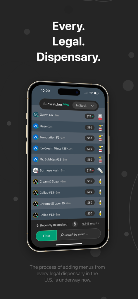 BudWatcher: Find Cannabis - BudWatcher app interface showing legal cannabis products and prices in real time