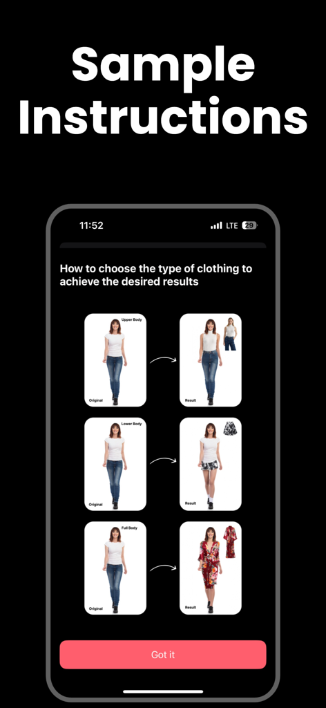 AI Clothes Changer - AI Outfit - Um guia visual demonstrando como selecionar as categorias de parte superior do corpo, parte inferior do corpo e corpo inteiro para resultados de experimentação virtual com IA
