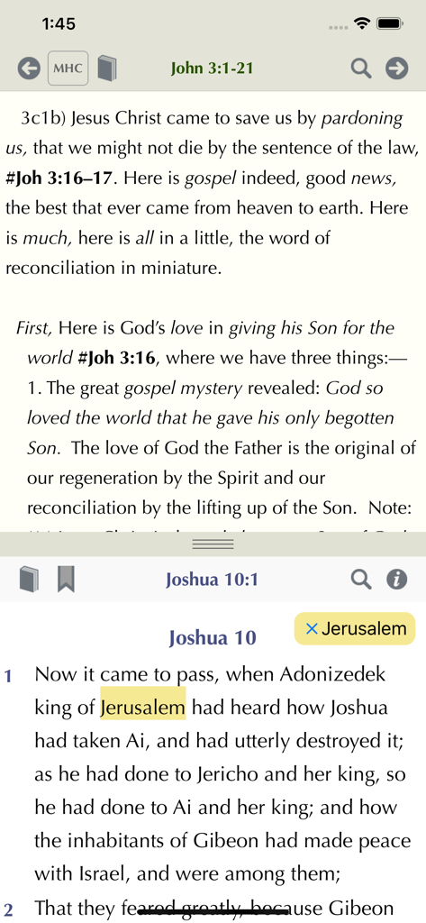 Matthew Henry Study Bible - Matthew Henry Study Bible app split screen interface showing biblical commentary and Scripture text side by side