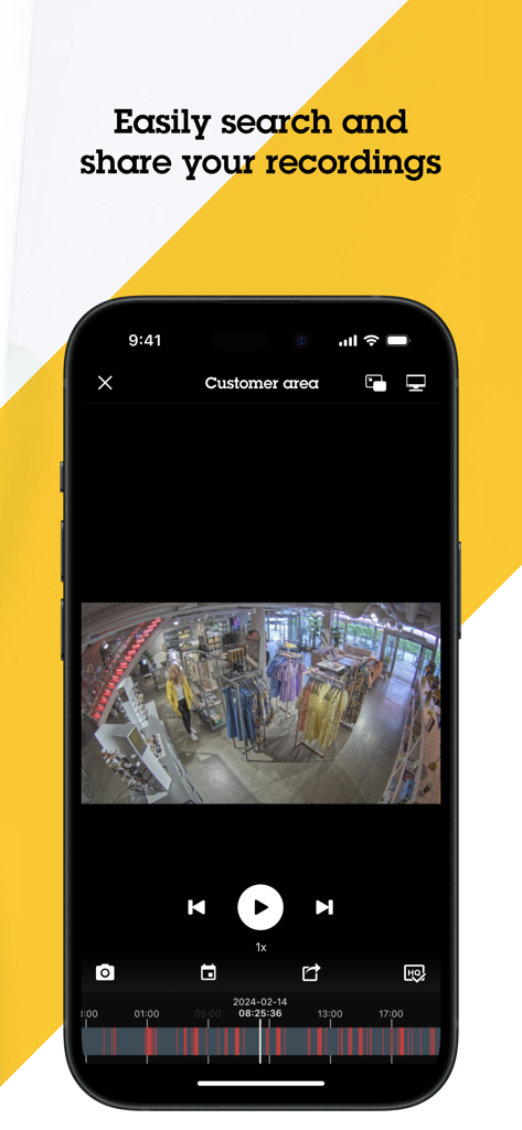 La interfaz de la aplicación móvil AXIS Camera Station Edge que muestra la reproducción de grabaciones de video de una tienda minorista con una línea de tiempo de eventos