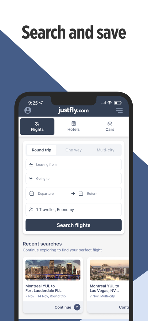 justfly.com: Flights & Travel - 航空券検索フォームと最近の検索結果を表示するJustflyモバイルアプリのインターフェース