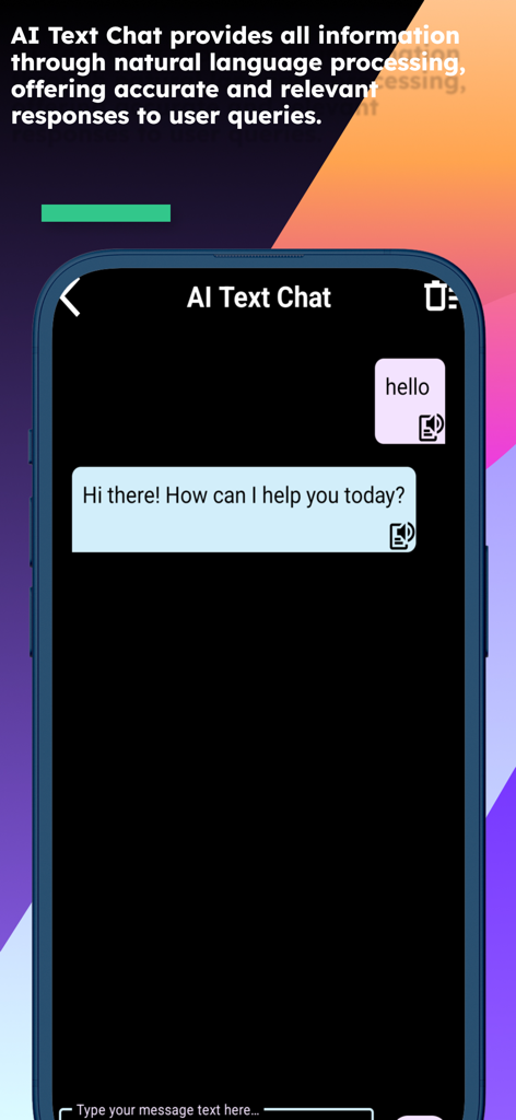 Interface of the AI Text Chat feature in the English Dhivehi Translator app showing a conversational greeting.