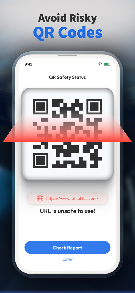 Hacker Protection, Private VPN - Interface of Prosec Mobile app showing a warning for an unsafe QR code URL