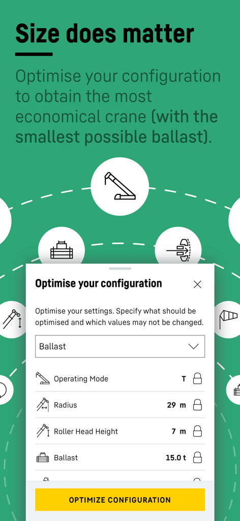 Interface of the Liebherr Crane Finder app for optimizing crane configuration and ballast settings