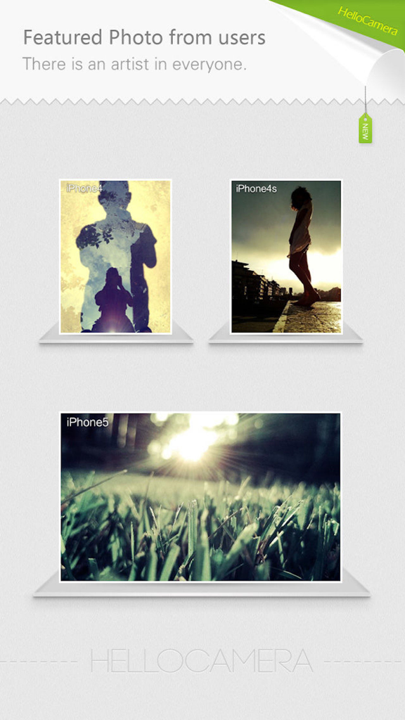 Camera360 Concept - HelloCamera - A gallery showcasing artistic photos taken by users with HelloCamera on different iPhone models.