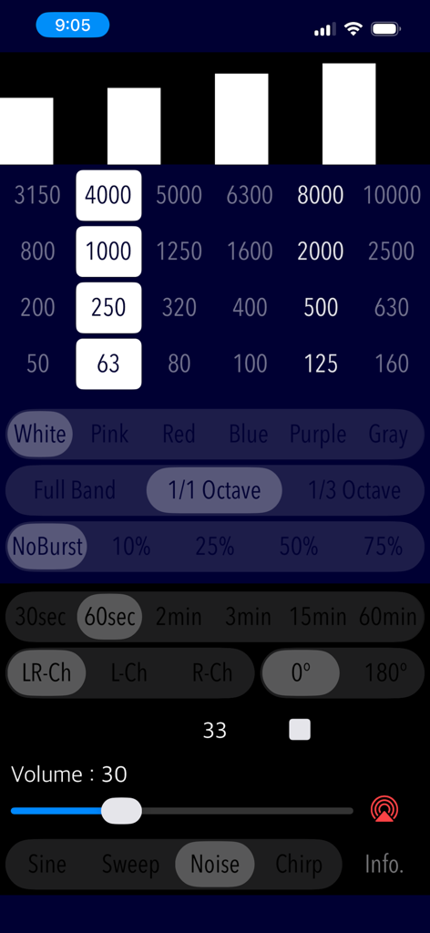 Oberfläche des Audio Tone Generator Plus Noise Generators mit Frequenz- und Oktavbandreglern