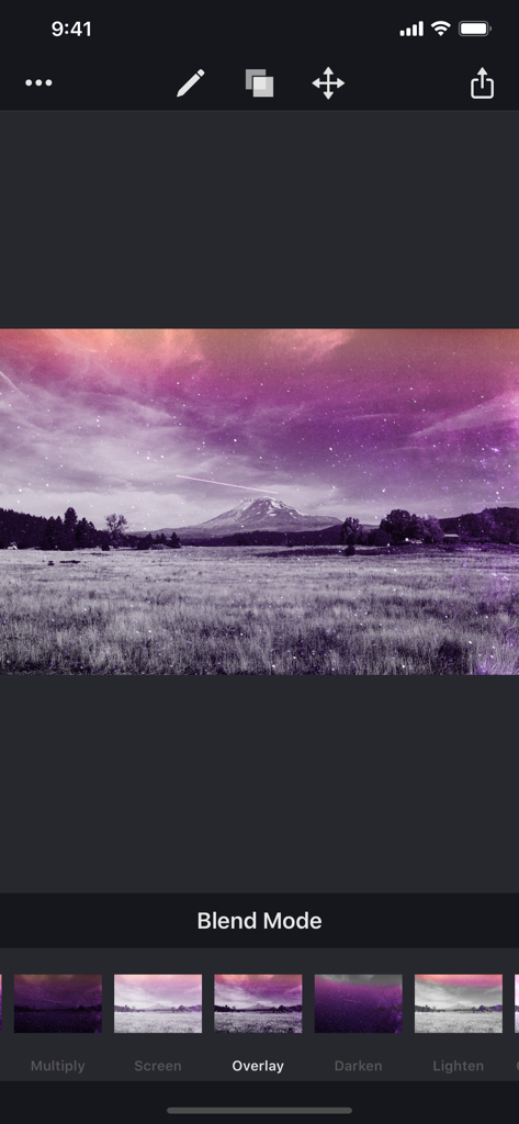 Interface do aplicativo Image Blender mostrando uma paisagem montanhosa com o modo de mesclagem Overlay selecionado.