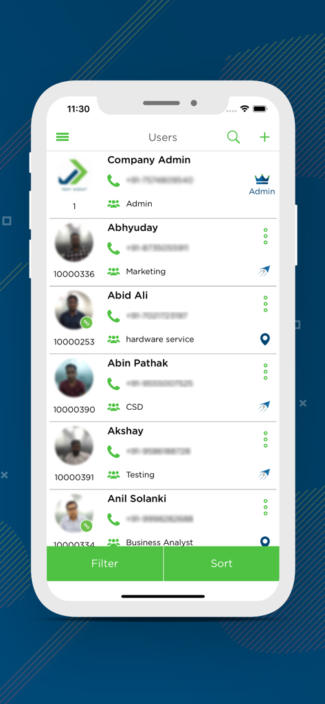 Spectra Biot App - Employee directory screen in the Spectra Biot app showing a list of staff members and their departments
