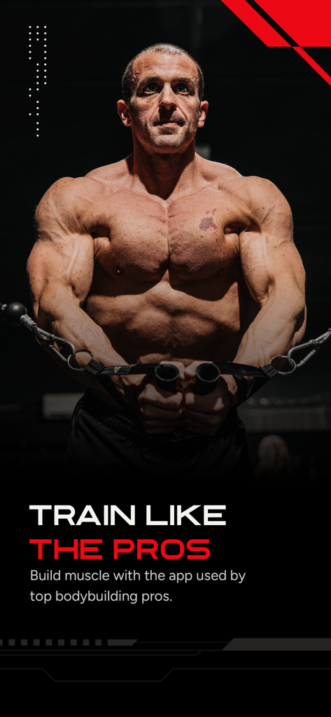 RP Hypertrophy - A muscular bodybuilder performing cable crossovers with the text Train Like The Pros