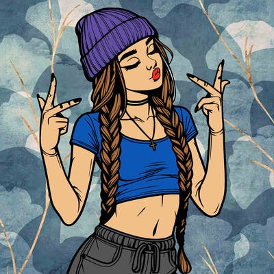 realistic teenage girl with braids and a beanie and crop top doing 🫶🏼
