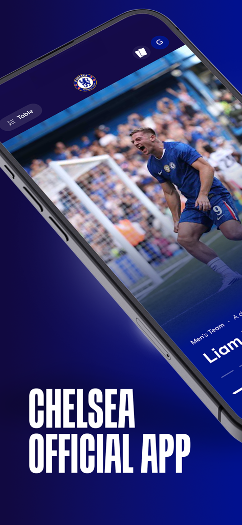 Chelsea Official App - Chelsea Official App promo displaying a soccer player celebrating a goal on a mobile device.