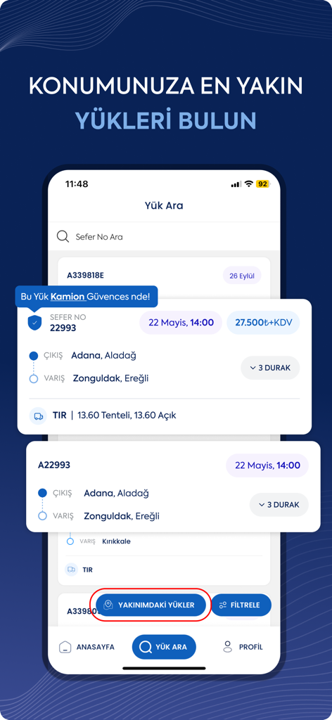Kamion app interface showing a list of available freight loads with a highlighted button for finding loads near the driver current location