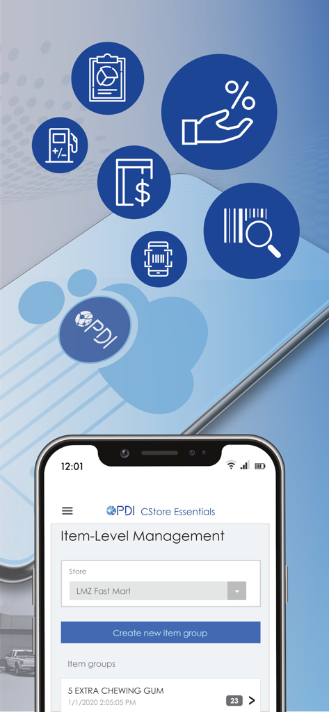 CStore Essentials - Smartphone mit Anzeige des CStore Essentials App-Bildschirms zur Artikelverwaltung mit Symbolen für Kraftstoff, Verkaufsberichte und Barcode-Scans.