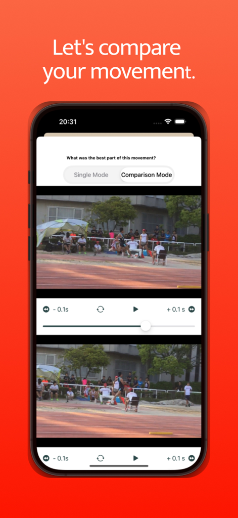 Trai Video/Sports Self-Review - Trai Videoアプリで、アスリートのサイドバイサイドビデオ分析が表示されたスマートフォンの画面。