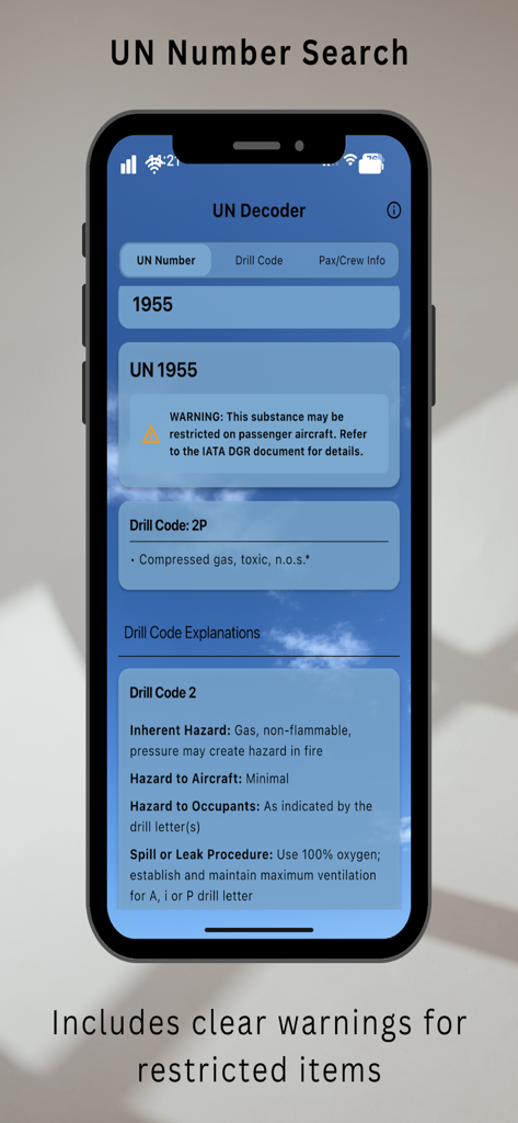 UN Decoder & Hazmat - Tela de Pesquisa de Número UN com avisos de itens restritos no aplicativo Decodificador UN.