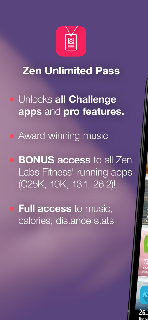 List of premium features for the Zen Unlimited Pass subscription including access to all challenge and running apps plus award winning music