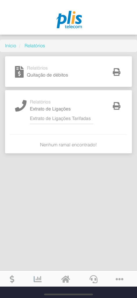 Plis Telecom - Plis Telecom app reports screen showing debt settlement and call statement options