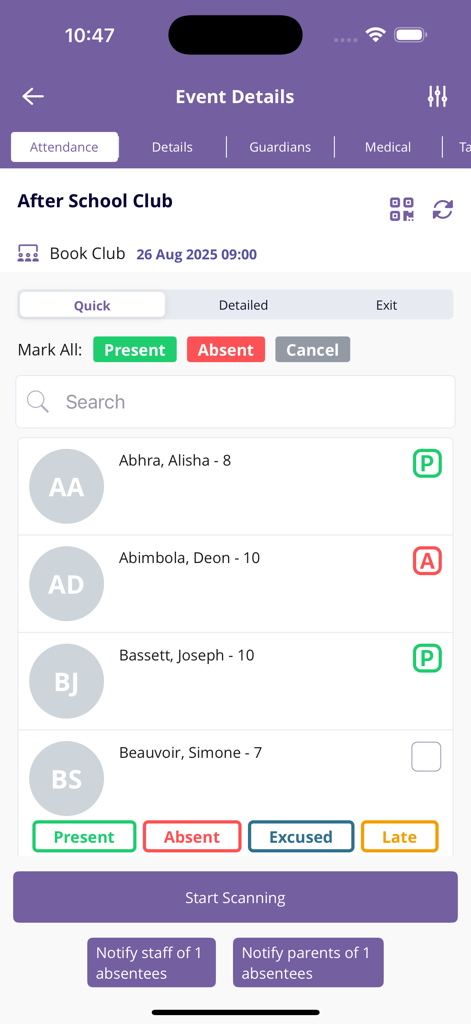 SchoolsBuddy 2.0 - Interfaz de la aplicación SchoolsBuddy para rastrear la asistencia de los estudiantes en un club de lectura extraescolar