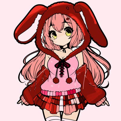 pretty anime girl wearing a fluffy hoodie with bunny ears on the hood and a skirt