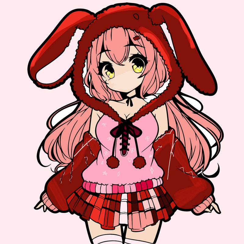 pretty anime girl wearing a fluffy hoodie with bunny ears on the hood and a skirt