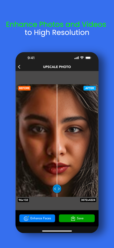 UpRes: AI Photo Video Enhancer - A before and after side by side comparison of a low resolution photo enhanced to high resolution using AI