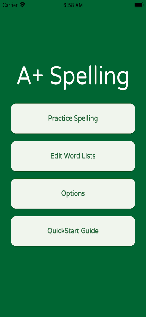 Main menu of the A plus Spelling education app showing practice and edit word list options