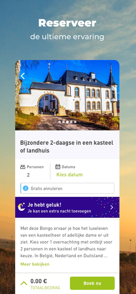 Pantalla de la aplicación Bongo que muestra una página de reserva para una estancia especial de dos días en un castillo