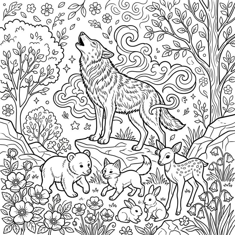 Celebrate the beauty of spring with this delightful coloring page featuring a majestic wolf howling amidst an adorable gathering of baby forest animals. This intricate design invites colorists to bring to life a vibrant wilderness scene.