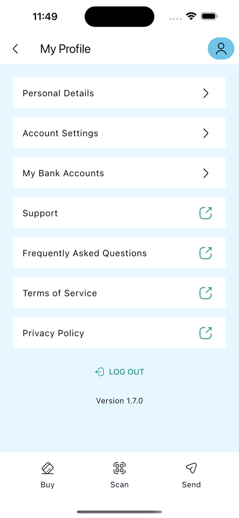 kazam - Pantalla de configuración de perfil de la aplicación Kazam que muestra la configuración de la cuenta y las opciones de soporte