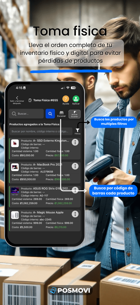 POSMOVI - POSMOVI mobile app interface for physical inventory counting and barcode scanning in a warehouse