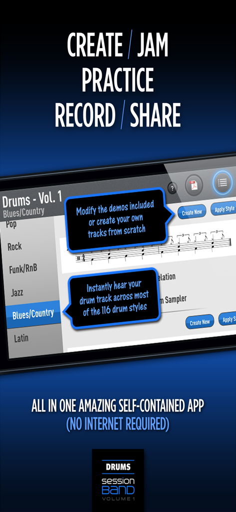 SessionBand Drums 1 - Interface of the SessionBand Drums 1 app displaying various drum styles and track building features