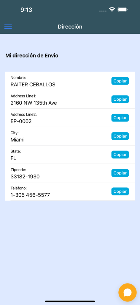 Extreme Paq - Extreme Paq mobile app screen showing the user's US shipping address in Miami with copy buttons for logistics management