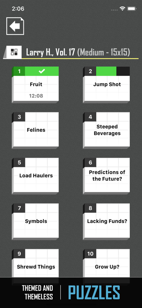 Crossword Puzzle Redstone - Una schermata di selezione di cruciverba a tema di difficoltà media con indicatori di progresso e tempi di completamento.