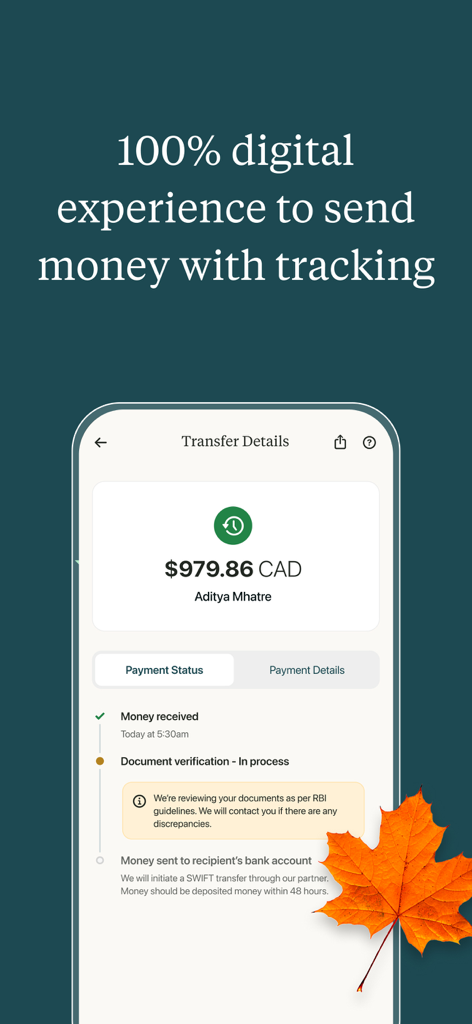 My Beacon - My Beacon app interface showing real time digital money transfer tracking and status updates