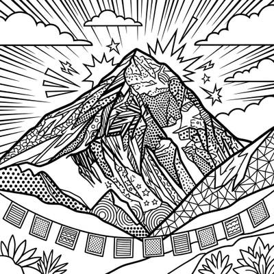 Embark on an artistic ascent with this stunning Mount Everest coloring page, transformed by the bold and dynamic aesthetic of Pop Art. Discover intricate patterns and iconic imagery waiting for your creative touch.
