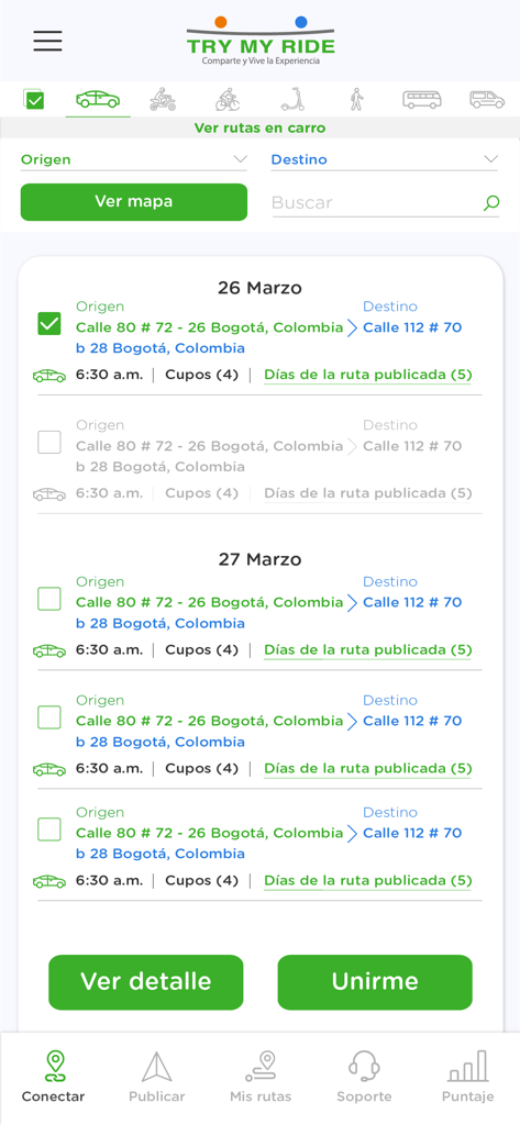 Try My Ride - A mobile screen showing a list of available carpool routes with origin and destination addresses in Bogotá