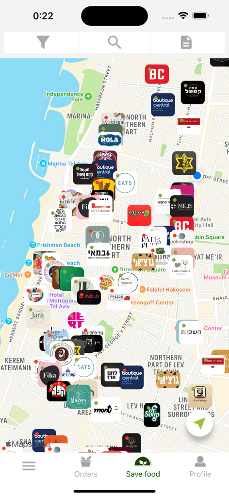 SpareEat - Map view of the SpareEat app displaying various local restaurants and bakeries with surplus food deals.