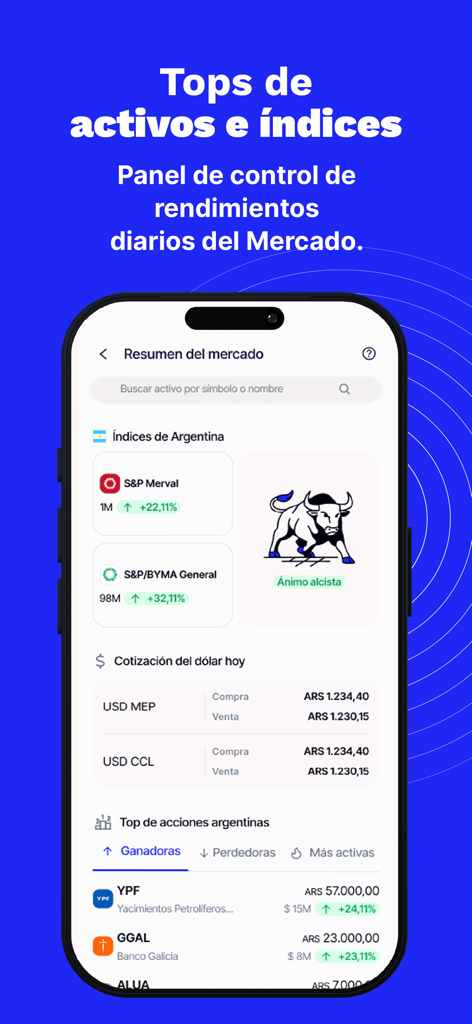 Bull Market - Bull Market app interface showing Argentine market summary, indices, USD exchange rates and stock performance.