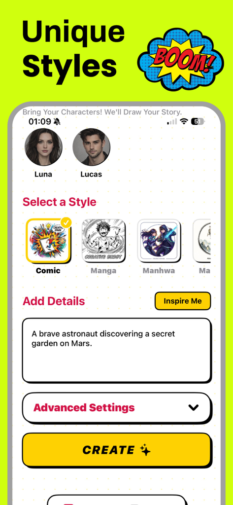 Interfaz de la aplicación TAI Comic Maker mostrando la selección de estilo para manga y manhwa de cómics con un campo de entrada para indicaciones de historias