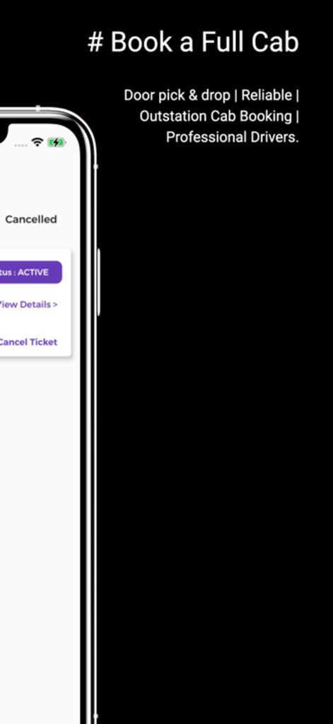 Wizzride - Wizzride mobile app interface showing options to book a full outstation cab.