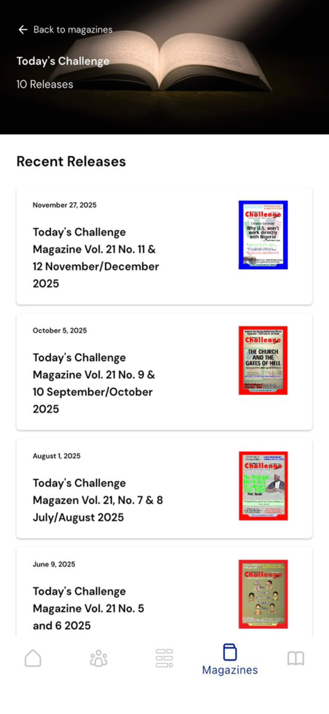 ECWA INTL. - List of recent releases for Todays Challenge magazine within the ECWA INTL app