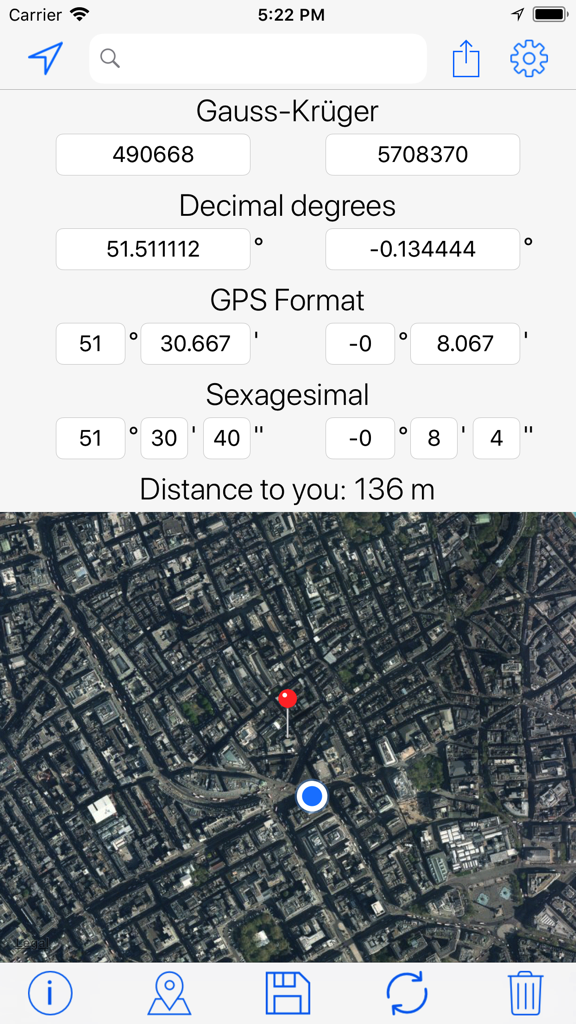 Screenshot der Gauss-Krüger Koordinaten Tool App, die Koordinatenumrechnungen und eine Satellitenkarte zeigt.