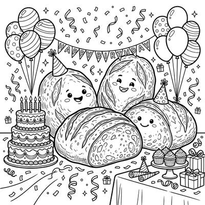 Get ready for a truly unique celebration with this adorable sourdough loaves birthday party coloring page! Join these cheerful loaves as they mark a special day amidst festive decorations.