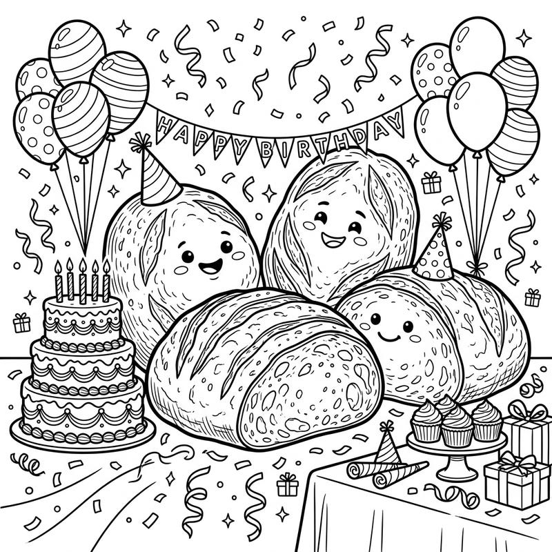 Get ready for a truly unique celebration with this adorable sourdough loaves birthday party coloring page! Join these cheerful loaves as they mark a special day amidst festive decorations.