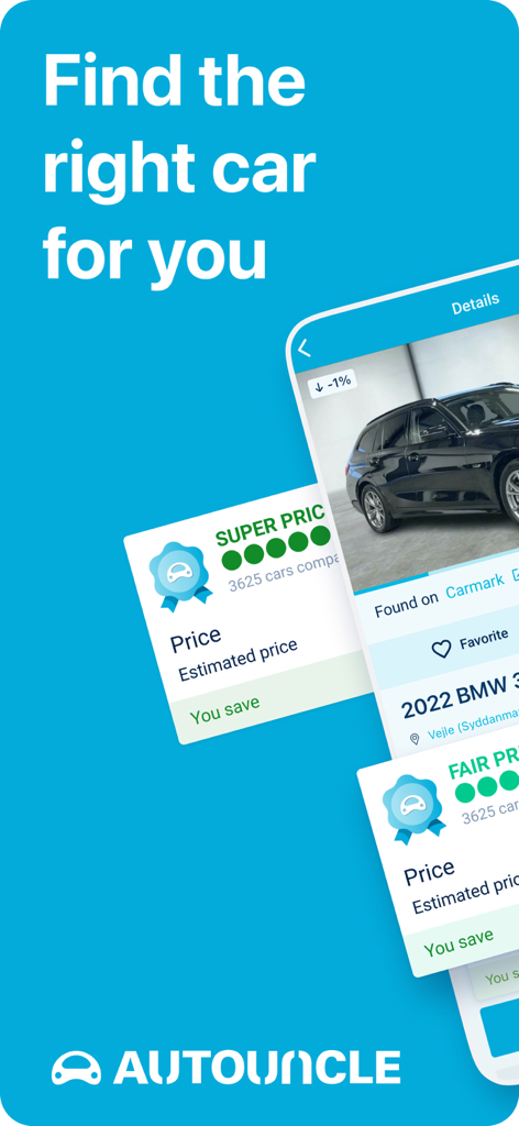 AutoUncle app interface showing car search results with super price and fair price evaluation badges for a BMW 3 series.