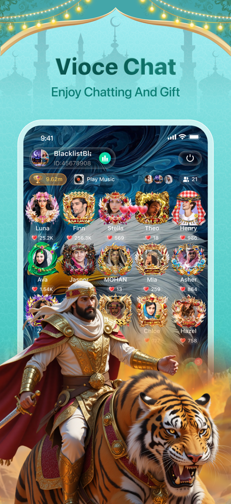 Hilla - Group Voice Chat Room - Hilla app interface displaying a group voice chat room with various user avatars in decorative frames