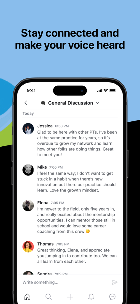 BC Physio Online Community - O aplicativo Comunidade Online BC Physio mostrando um fórum de discussão profissional onde fisioterapeutas se conectam e compartilham conselhos de carreira.