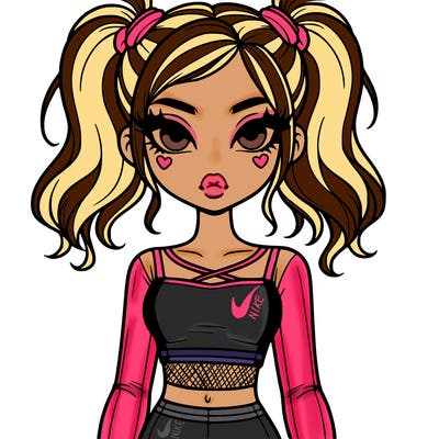 girl in a crop top and leggings. 2 high ponytail in her hair. cat eye with eyeliner makeup